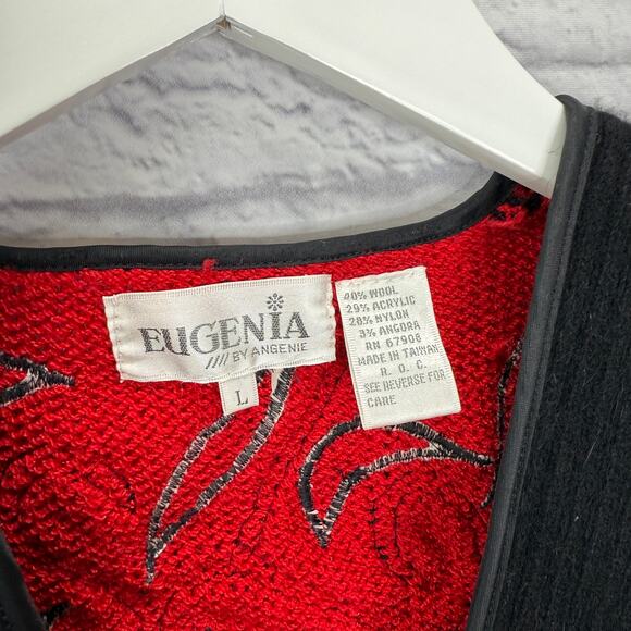 Vintage Eugenia Wrap Front Wool Blend Sweater Size L Red Black Beaded 80s Womens - Picture 4 of 7